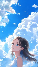Young girl under expansive blue sky with bright clouds.