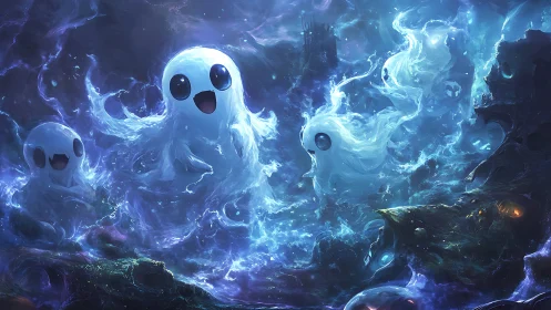 Playful cosmic ghosts swirl through glowing nebula seas.