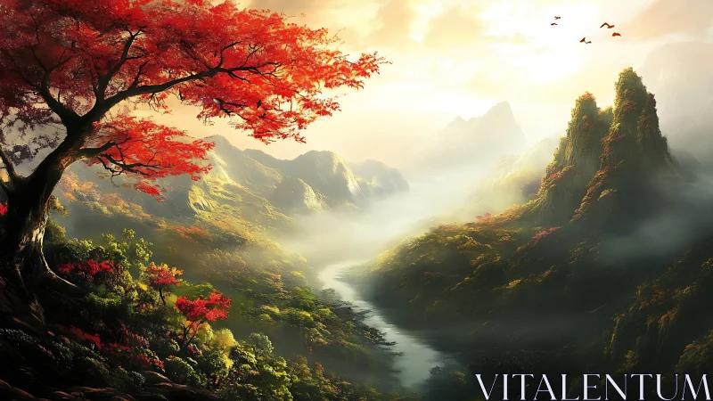 Crimson maple crowns misted valley under golden sunrise.