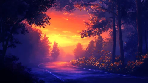 Sunset fire paints a dreamlike forest road in violet dusk.