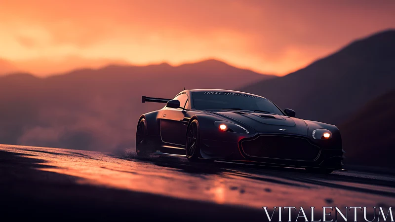 Midnight supercar racing along wet mountain pass at dusk.