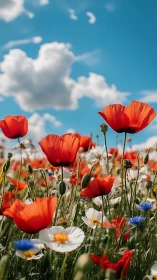 Vibrant Poppy Field Blooming Under Blue Sky.