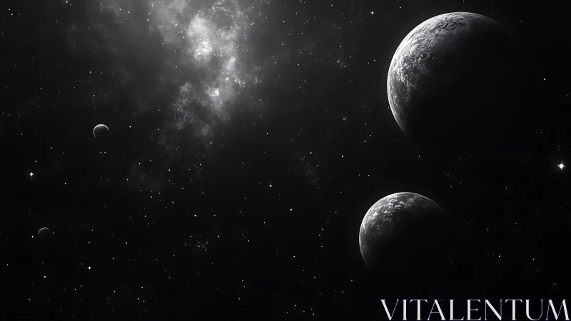 Multiple rocky planets in monochrome deep space field.