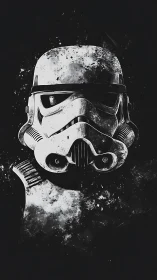 Battleworn trooper helm adrift in starless monochrome void.