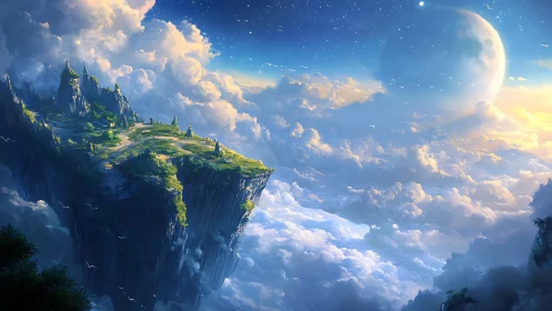 Floating Island with Castle Architecture in Cloudscape.