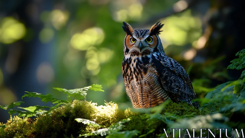 Majestic owl perched in lush green forest, natural light photography.