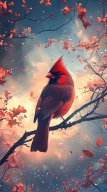 Crimson cardinal resting softly in swirling autumn light.