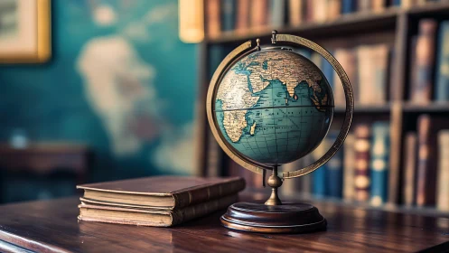 Vintage world globe and old books on wooden desk in library.