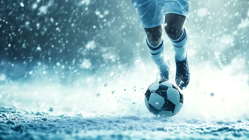 Soccer player drives ball through swirling winter snowstorm.
