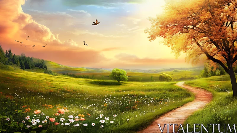 Sunlit rural path through flowering meadow landscape scene.