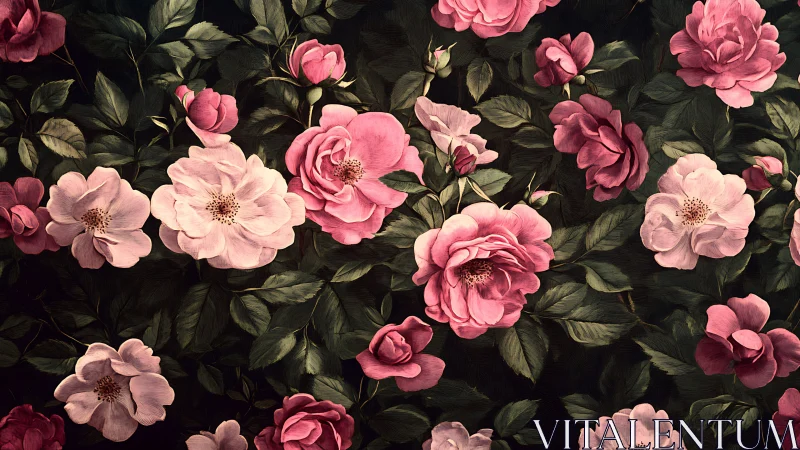Romantic Pink Roses with Dark Botanical Background.