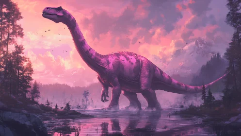 Pink sauropod crossing misty lake at neon sunset.