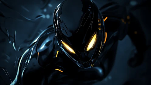 Sleek cybernetic panther hero emerges from neon darkness