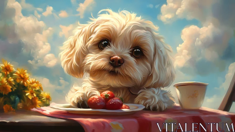 Sweet puppy enjoys strawberries at a sunny skyside table.