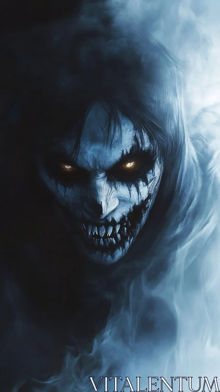 Grim spectral figure emerges from high contrast blue mist