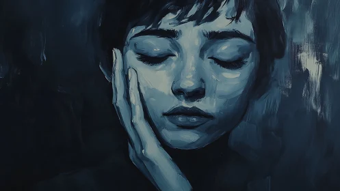 Monochrome portrait of closed‑eye figure with hand on face.