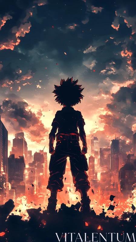 Silhouetted hero confronts burning futuristic city skyline.