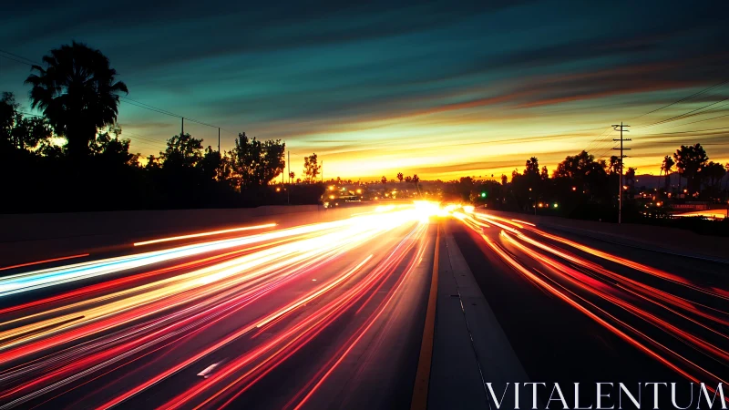 Long exposure traffic trails under a saturated dusk sky