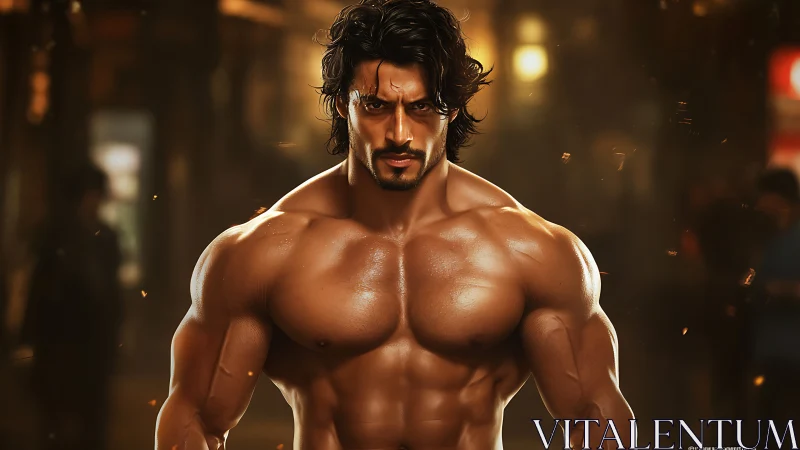 Muscular warrior model under cinematic warm city lights.