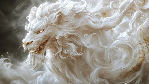 Celestial ivory lion swirling through golden storm clouds.