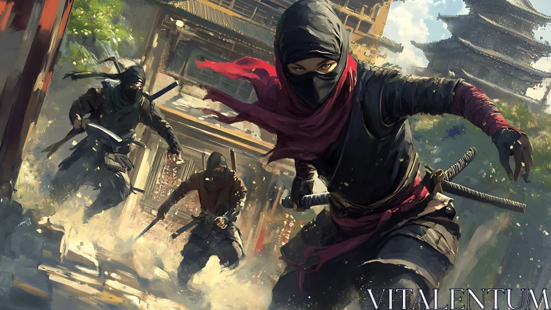 Masked ninjas sprint through dusty streets in fast pursuit.