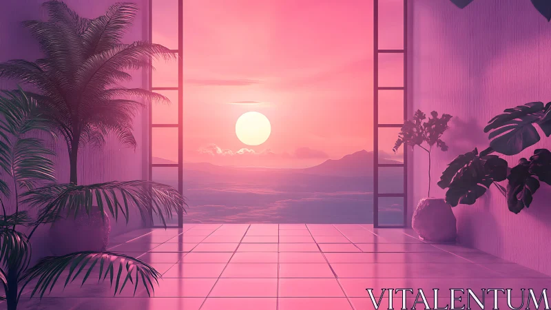 Sunset view through open terrace with interior plants.