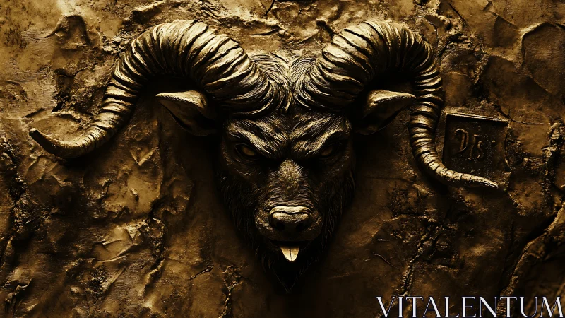 Textured bronze ram relief with sculpted high-relief head.