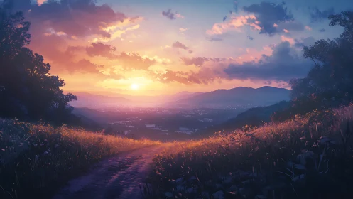 Digital landscape depicts hillside path overlooking sunset city