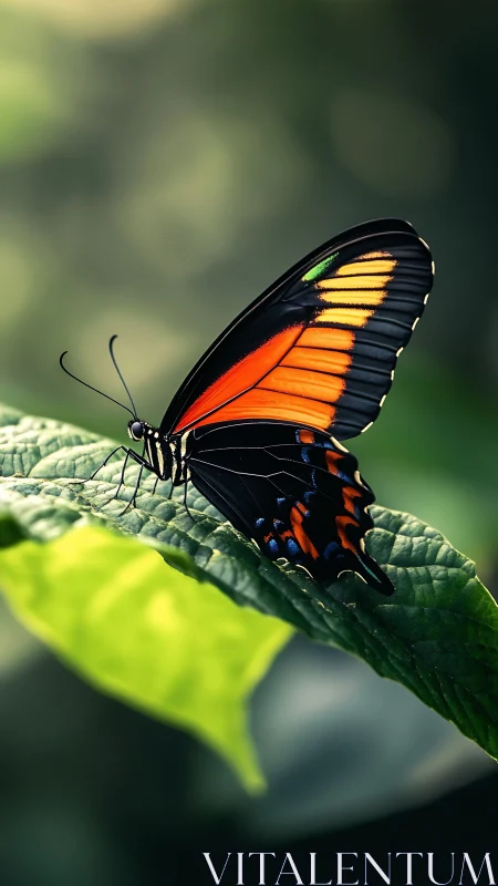 Colorful garden butterfly resting on a sunlit leaf.