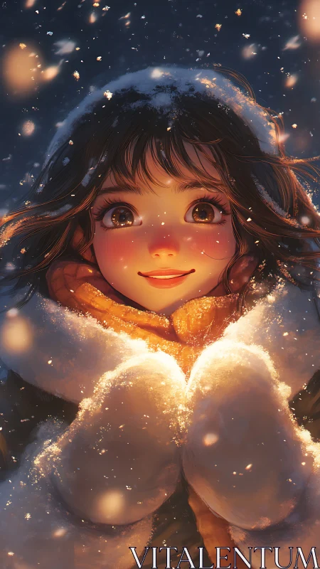 Girl in winter clothing holding snow under warm light.