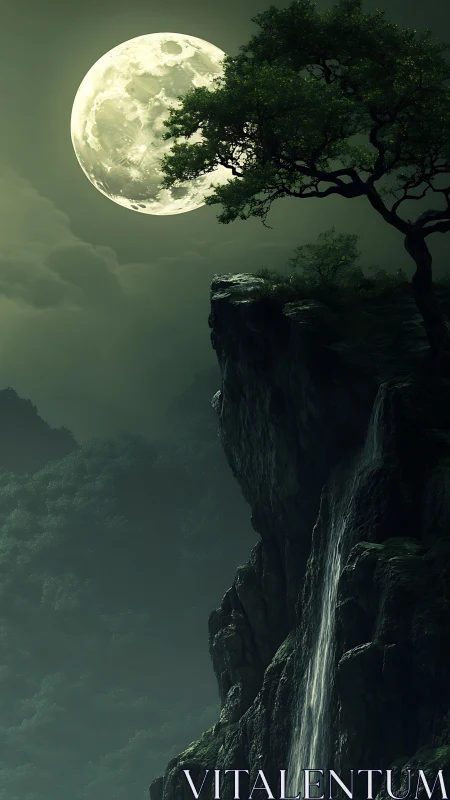 Moonlit waterfall cliff glows softly under a watchful sky