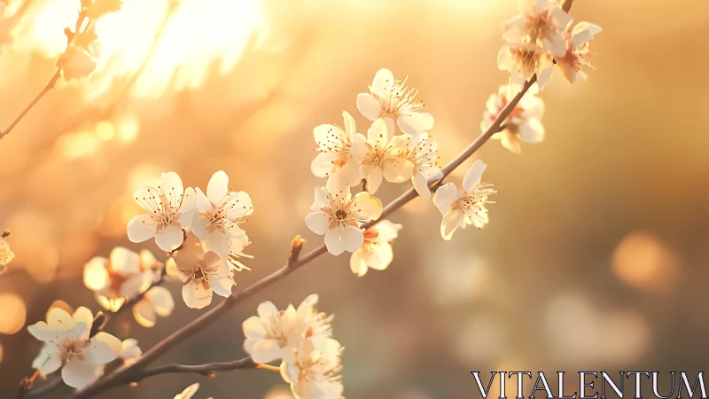 Soft peach blossoms bathed in warm golden sunlight glow.