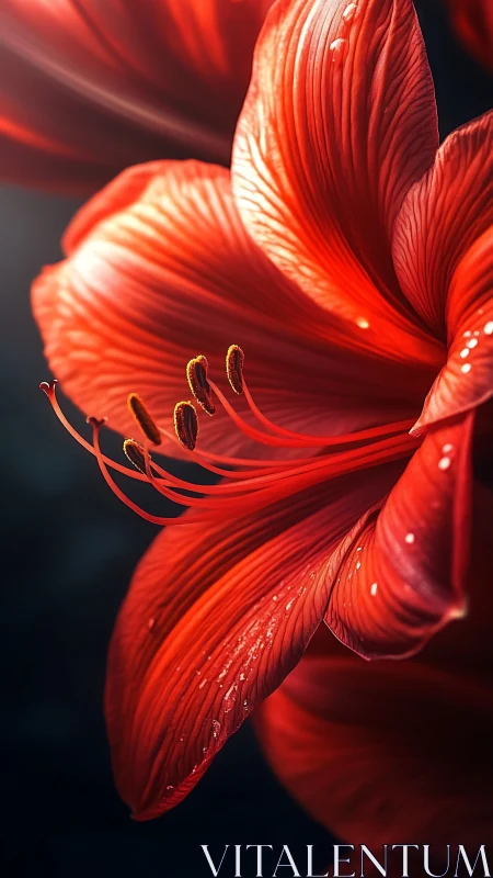 Red lily macro close-up shows petals, stamens and droplets