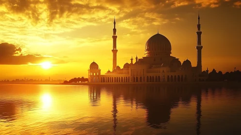 Sunlit mosque silhouette reflects across calm golden water