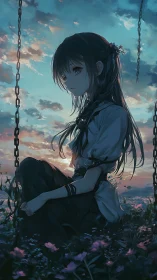 Twilight chains hush the sky while a pensive girl dreams