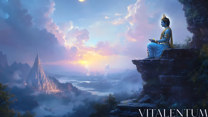 Divine figure meditates above a misty temple valley at dawn