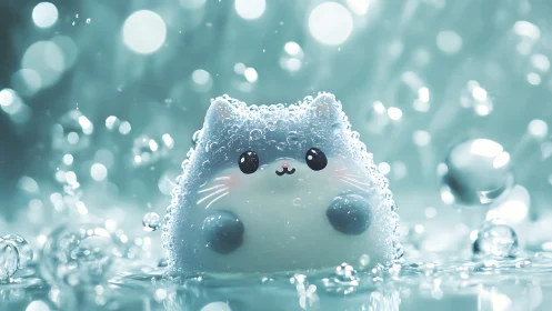 Photorealistic chibi water-cat figurine in sparkling bokeh bath.