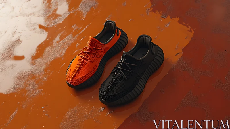 Orange and black sneakers on glossy textured orange ground.