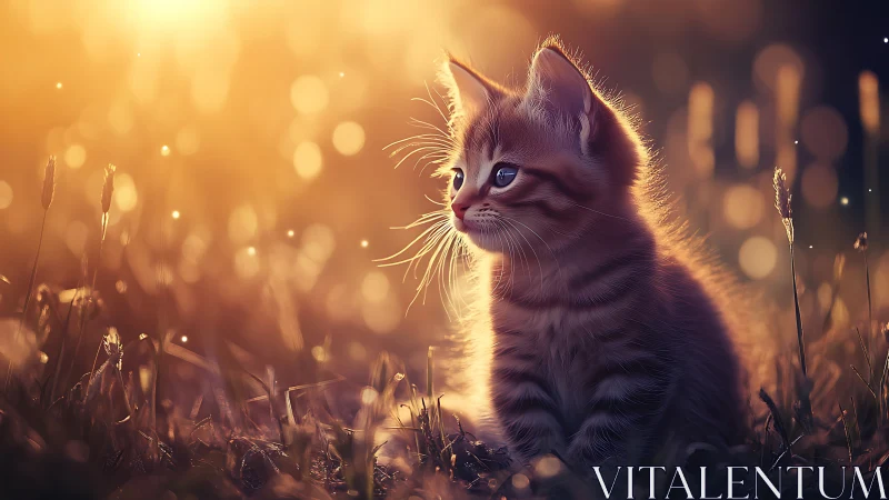 Golden-hour felid in meadow with bokeh atmospheric rendering.