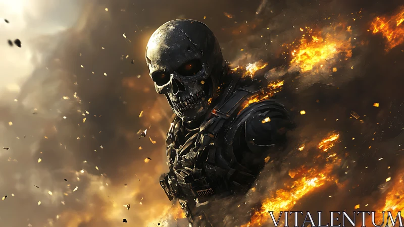 Armored skeletal android emerging through high energy firestorm