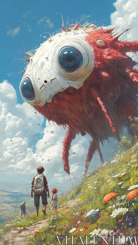 Giant red creature and children walking in open landscape.