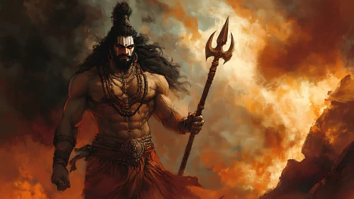 Mythic warrior with trident strides through incendiary sky