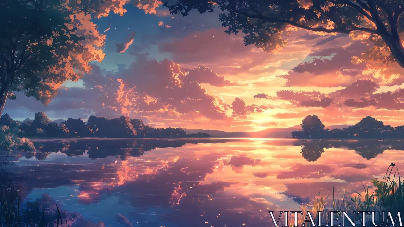 Sunset-lit lake landscape renders mirrored cloud reflections