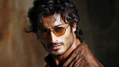 Stylish man with sunglasses poses against warm backdrop