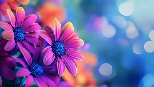 Magenta daisies bloom against blurred bokeh backdrop.