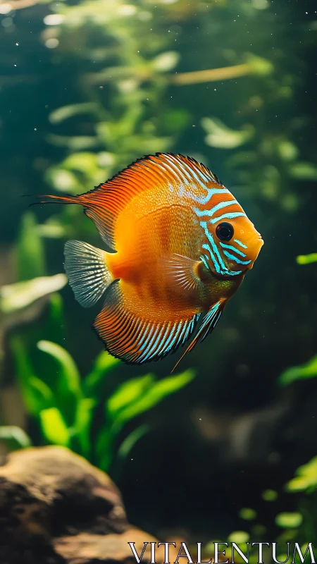 Striped discus fish drifts like a painted lantern underwater