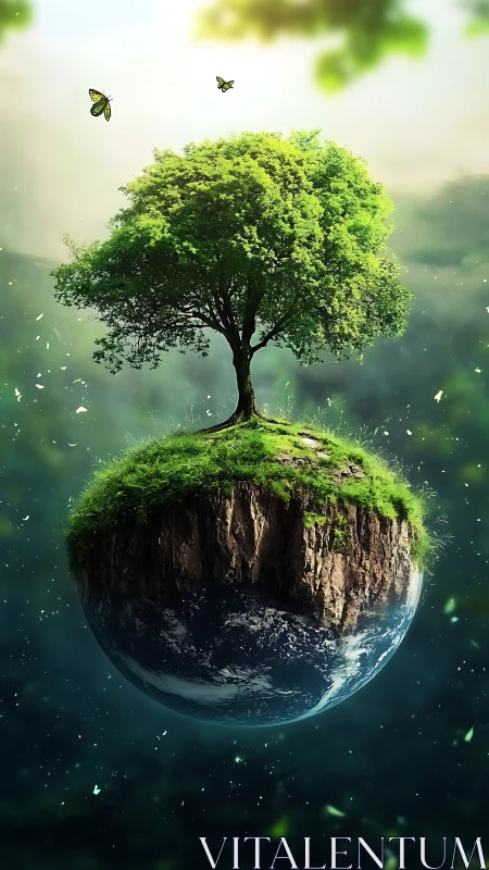 Floating earth island supports luminous green life tree.