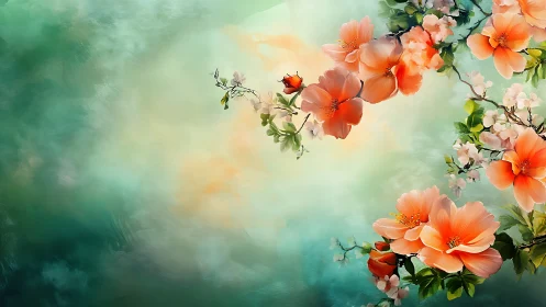 Coral Peonies Against Soft Green Atmospheric Background.