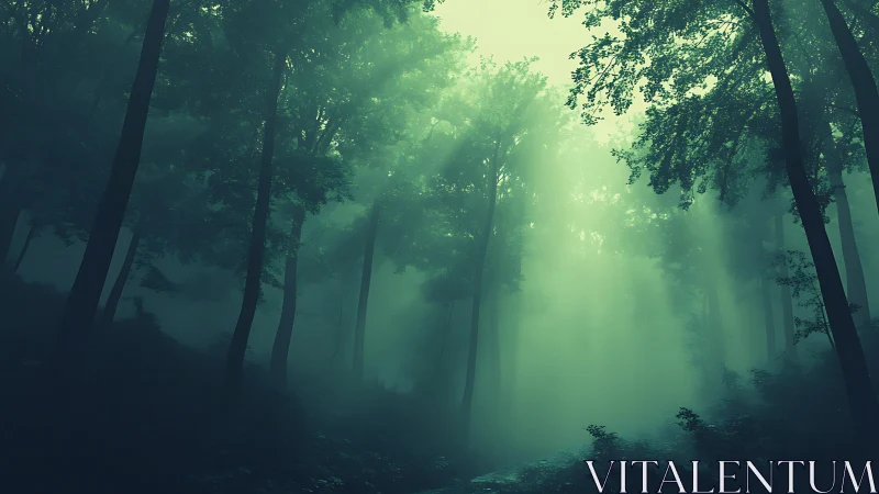 Misty Forest Path Veiled in Verdant Atmospheric Haze.