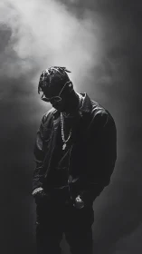Moody monochrome portrait captures a reflective hip hop artist